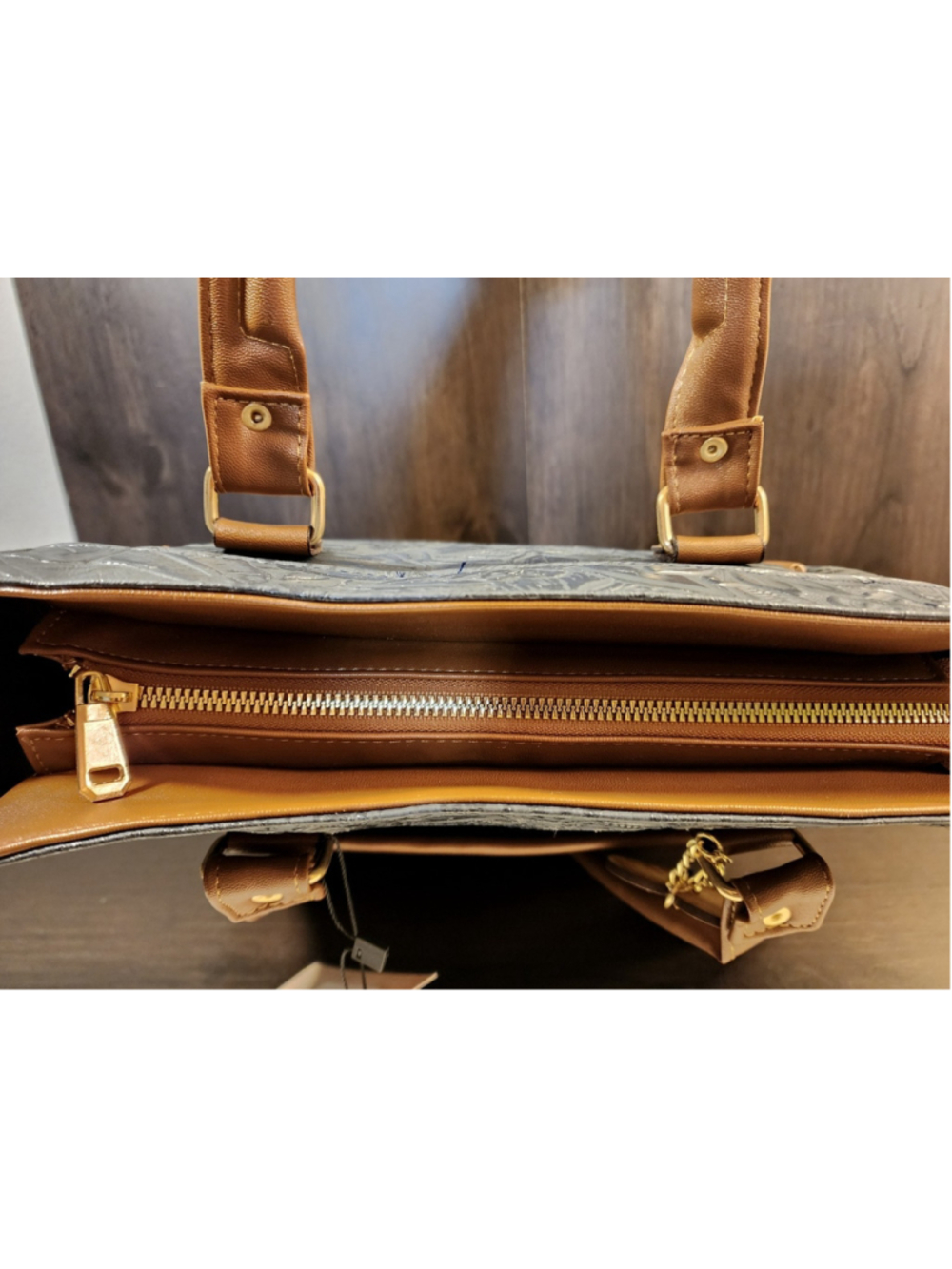 Sunflower Marine NAVY Blue Brown Embossed Tooled Artisan LEATHER Purse Handbag - Picture 10 of 16